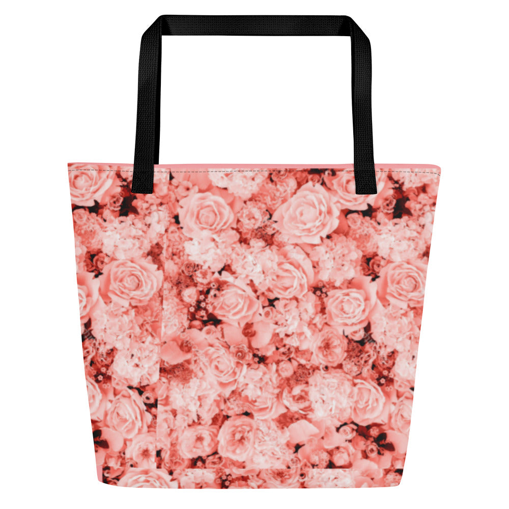 LARGE TOTE BAG W/ POCKET : COMING UP ALL ROSES! : PINK ROSES