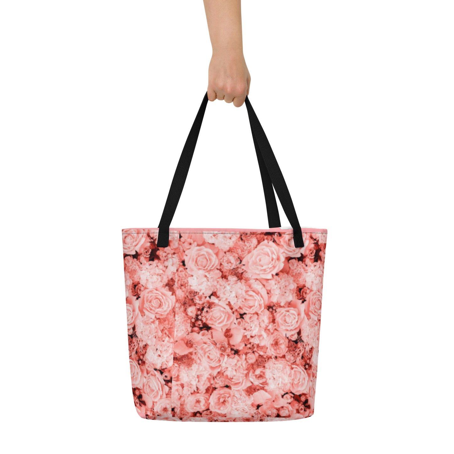 LARGE TOTE BAG W/ POCKET : COMING UP ALL ROSES! : PINK ROSES