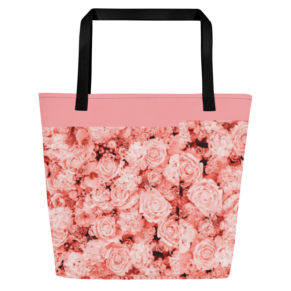 LARGE TOTE BAG W/ POCKET : COMING UP ALL ROSES! : PINK ROSES