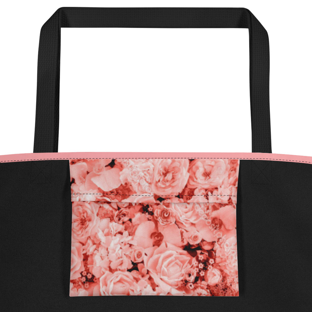 LARGE TOTE BAG W/ POCKET : COMING UP ALL ROSES! : PINK ROSES