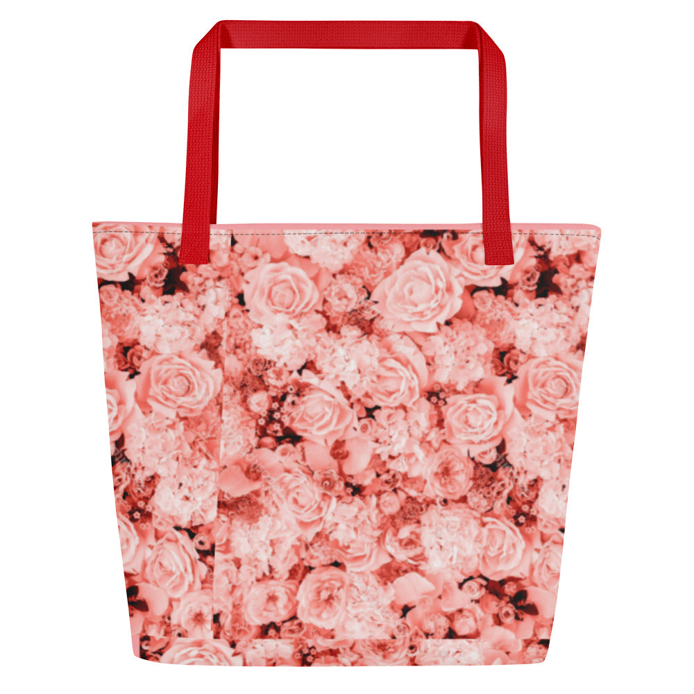 LARGE TOTE BAG W/ POCKET : COMING UP ALL ROSES! : PINK ROSES