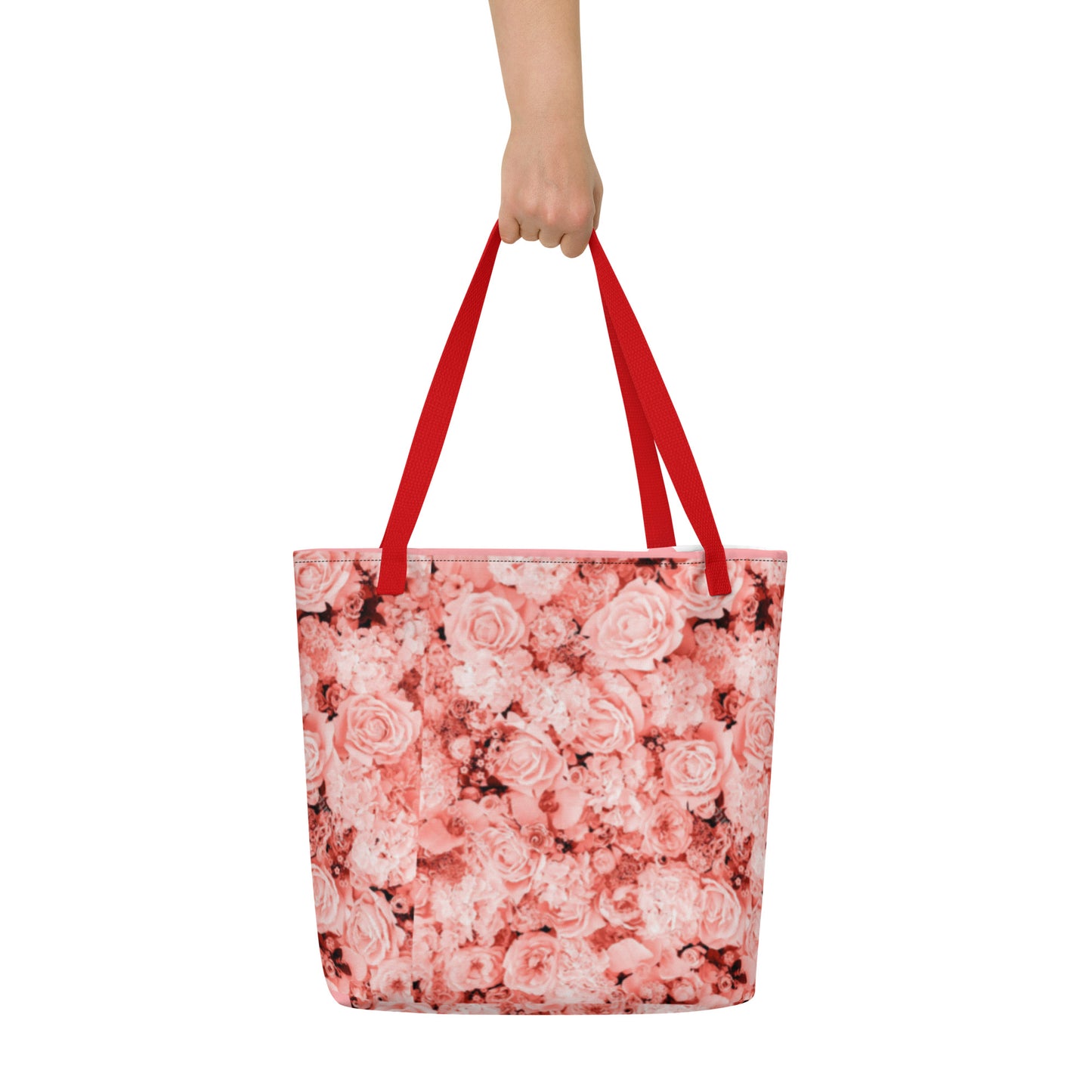 LARGE TOTE BAG W/ POCKET : COMING UP ALL ROSES! : PINK ROSES