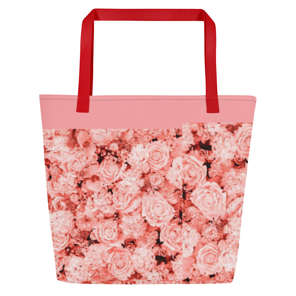 LARGE TOTE BAG W/ POCKET : COMING UP ALL ROSES! : PINK ROSES