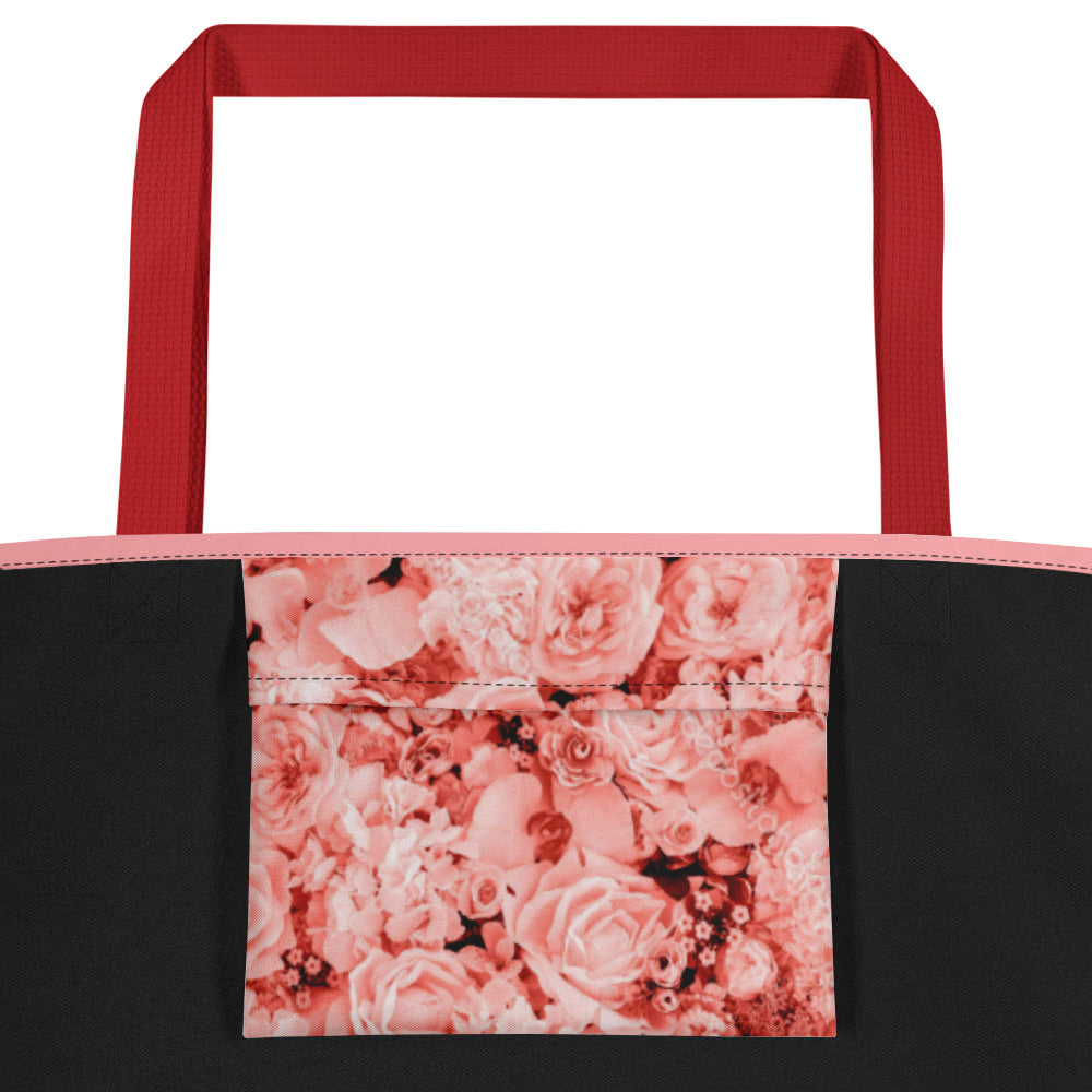 LARGE TOTE BAG W/ POCKET : COMING UP ALL ROSES! : PINK ROSES