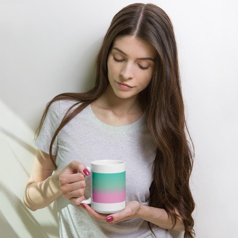 WHITE GLOSSY MUG : TEA : COFFEE : OMBRE' EVERY DAY! : TURQUOISE AND PINK